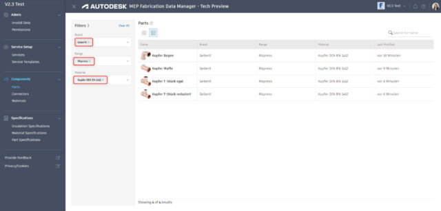 Bauteilsuche über ein Suchfenster im MEP Fabrication Data Manager