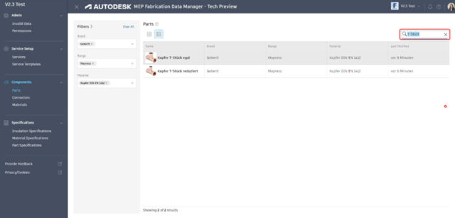 Bauteilsuche über ein Suchfenster im MEP Fabrication Data Manager