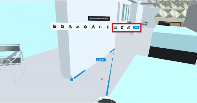 Messfunktion in Autodesk Workshop XR zur digitalen Distanzmessung zwischen zwei Punkten im Gebäudemodell