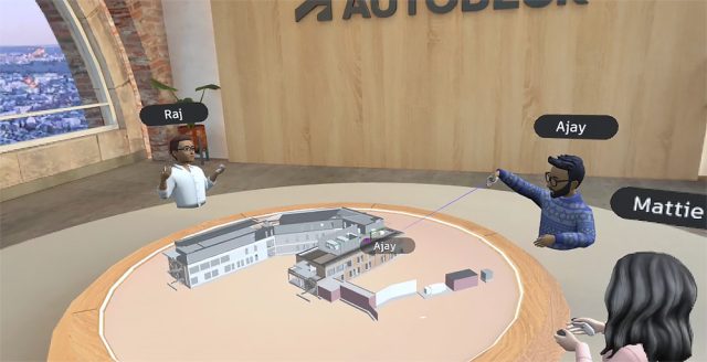 Virtuelles Gebäudemodell als Miniatur auf Tisch in Autodesk Workshop XR mit mehreren Avataren bei der Navigation