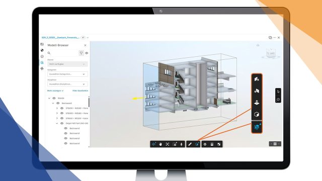 Headerbild mit Autodesk Construction Cloud Viewer: 3D-Modell-Browser und aktivierte Schnittbox zur Analyse eines Gebäudemodells