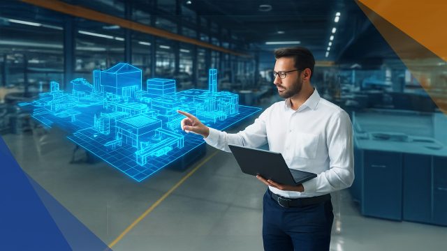 Ingenieur mit Laptop betrachtet ein digitales 3D-Modell einer Fabrik zur BIM-gestützten Fabrikplanung
