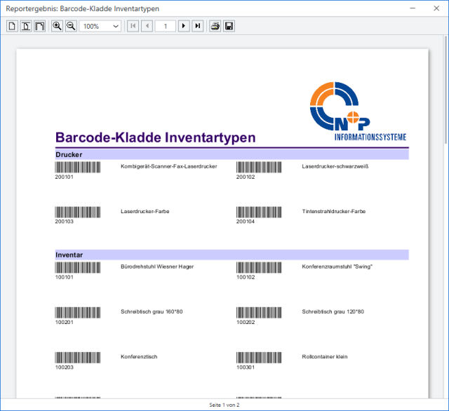 Screenshot einer Barcode-Kladde sortiert nach Inventartypen