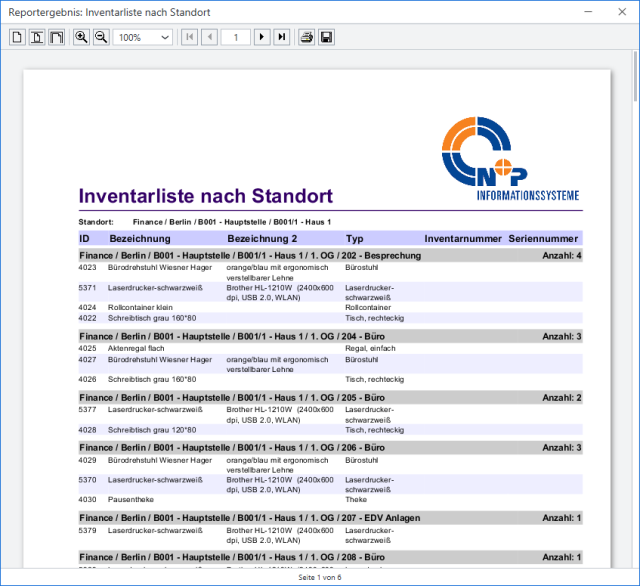 Screenshot eines Reports Inentarliste nach Standort