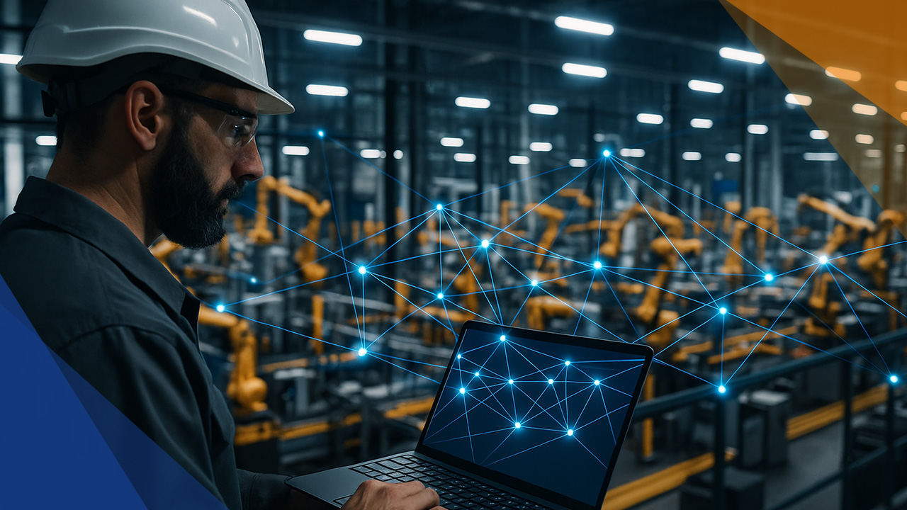 Produktionsleiter mit Laptop in der Fertigung