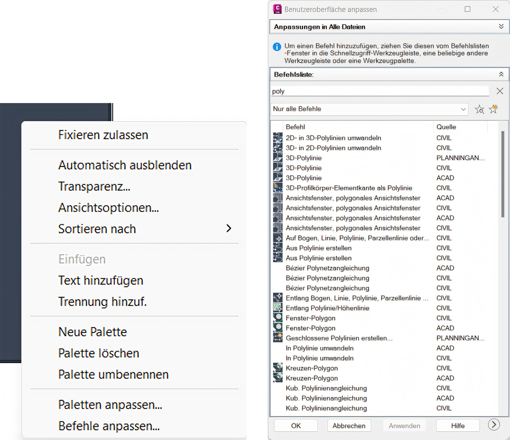 Screenshot der AutoCAD-Benutzeroberfläche mit geöffnetem Menü zum Anpassen von AutoCAD Werkzeugpaletten und Befehlslisten