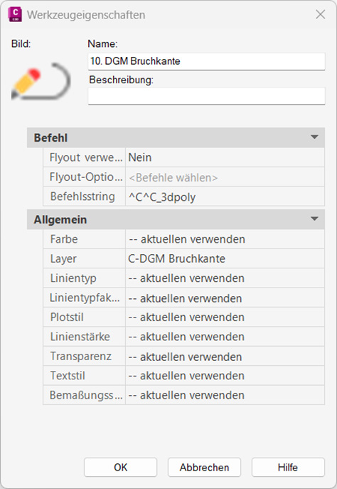 Screenshot des AutoCAD-Dialogfensters „Werkzeugeigenschaften“ mit Einstellungen für Befehle, Layer und Linienattribute