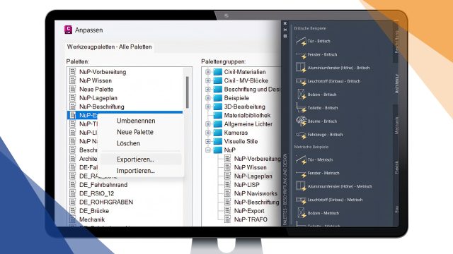 Screenshot des AutoCAD-Menüs zum Erstellen und Exportieren eigener AutoCAD Werkzeugpaletten
