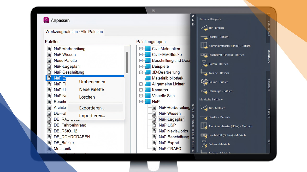 Screenshot des AutoCAD-Menüs zum Erstellen und Exportieren eigener AutoCAD Werkzeugpaletten