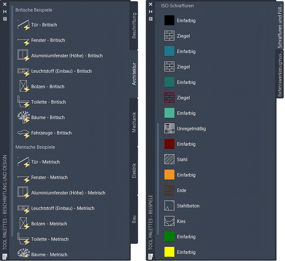 Screenshot der AutoCAD Werkzeugpaletten mit Beispielwerkzeugen und ISO-Schraffuren für Architektur und Mechanik