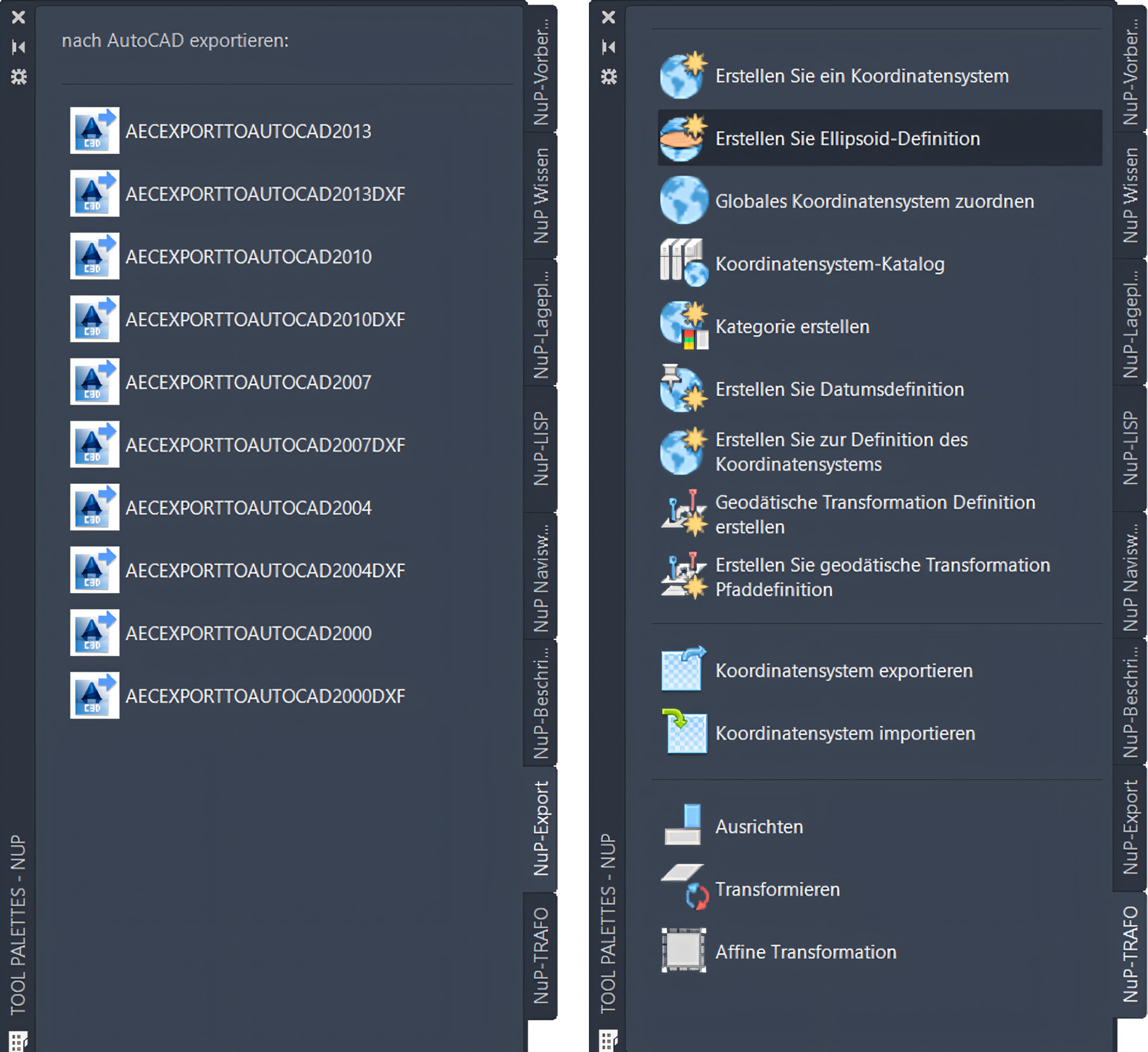 Screenshot zweier Werkzeugpaletten mit Exportbefehlen und Werkzeugen zur Verwaltung von Koordinatensystemen