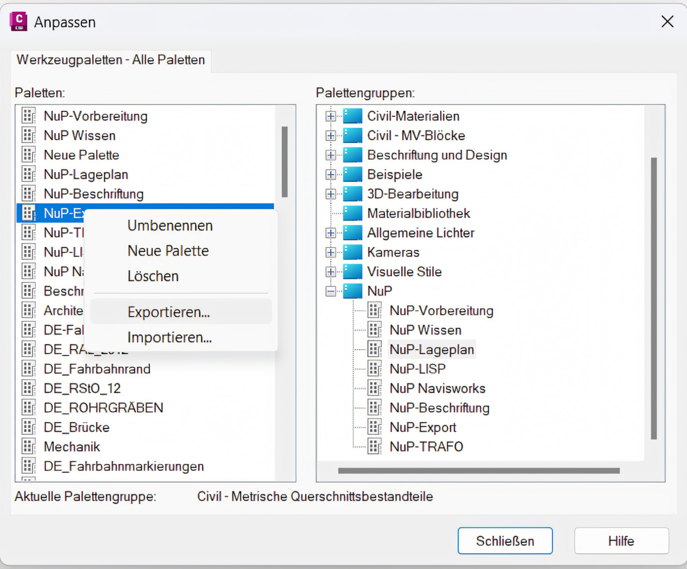 Screenshot des Fensters „Anpassen“ mit Optionen zum Exportieren und Organisieren von Paletten