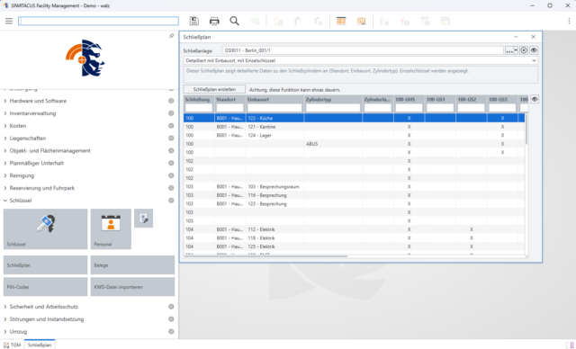 Schließplan einer Schließanlage mit Zylinder und Schlüsselanzahl 