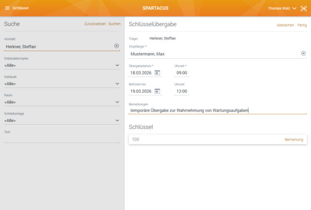 Schlüsselübergabe im Web-Portal protokollieren