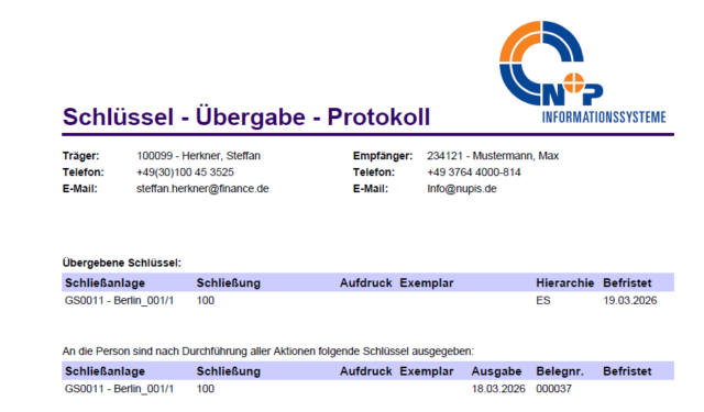 Report Schlüsselübergabeprotokoll mit SPARTACUS