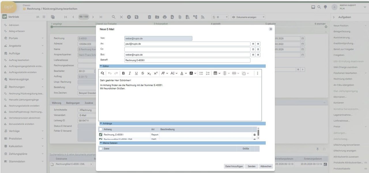Ausgangsrechnungen per E-Mail versenden in APplus