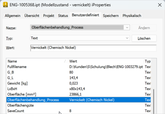 Oberflächenbehandlung als iPropertie im Inventor