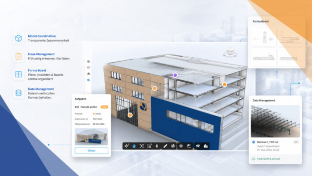 Autodesk Forma Dashboard mit BIM Modell, Issue Management, Forma Board und Data Management im Mai Release 2026
