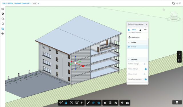 Autodesk Forma Viewer mit 3D Gebäudemodell und aktiviertem Schnittwerkzeug zur Modellanalyse