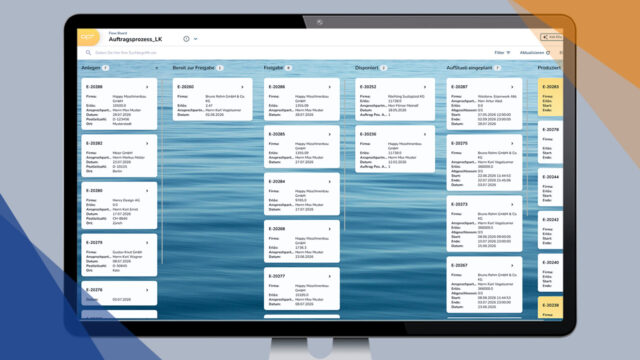 APplus Flow Mode: Flow Board zeigt Auftragsprozess in sechs Prozessphasen auf dem Monitor.