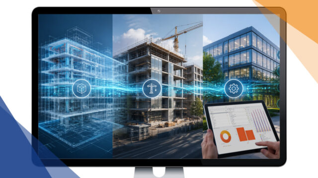 Darstellung des Gebäudelebenszyklus von der BIM-Planung über die Bauphase bis zum digitalen Gebäudebetrieb mit CAFM