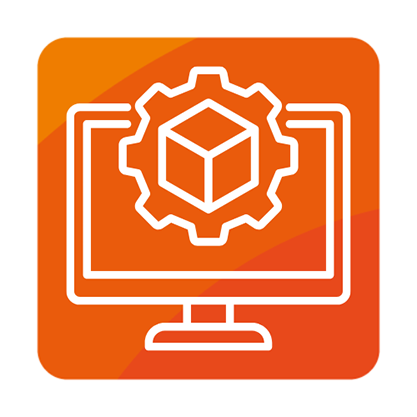 Icon: Virtuelle Maschinen – Monitor mit Würfelsymbol