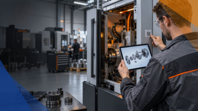 Instandhalter scannt einen QR-Code an einer geöffneten Industriemaschine und betrachtet das digitale 3D-Maschinenmodell auf einem Tablet.