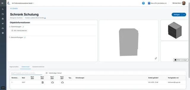 Detailansicht eines Content-Elements mit Objektinformationen, Vorschau und Dateiverlauf