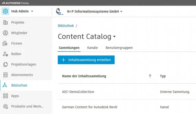 Hub-Admin-Ansicht des Autodesk Content Catalog mit Sammlungen, Kanälen und Benutzergruppen