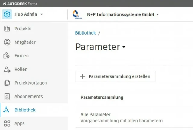 Übersicht der Parametersammlungen im Bereich Bibliothek des Autodesk Forma Hub Admin