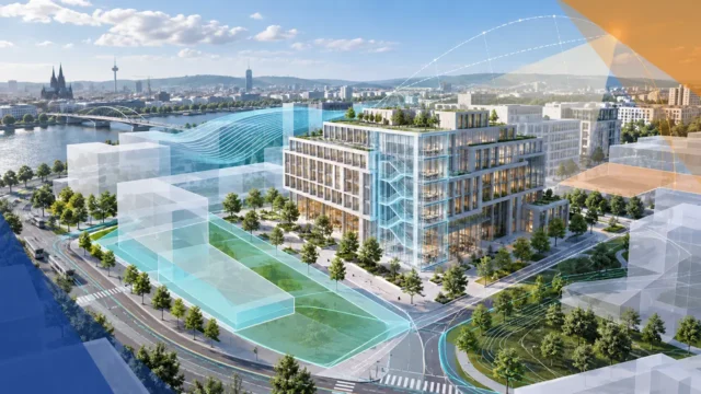 Digitales Gebäudemodell mit transparenter BIM-Schnittansicht und sichtbarem Treppenhaus in einer urbanen Planungsumgebung