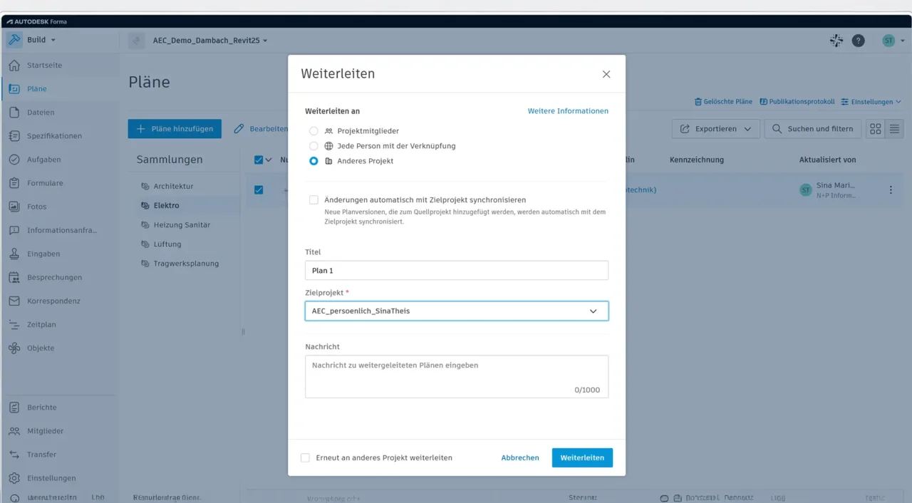 Dialogfenster zum Weiterleiten eines Plans in Autodesk Forma Build mit ausgewähltem Zielprojekt