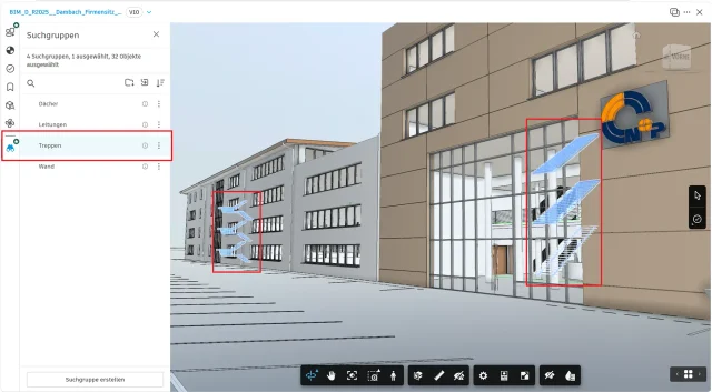 Autodesk Forma Data Management mit ausgewählter Suchgruppe „Treppen“ und blau hervorgehobenen Treppenelementen im BIM-Modell
