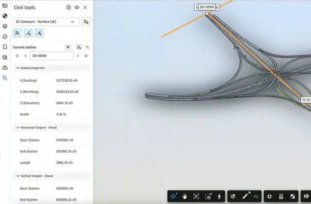 Autodesk Forma Civil Tools mit ausgewählter Achsgeometrie einer Straßenplanung im Modell