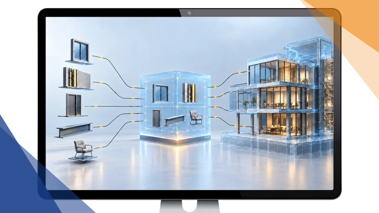 Visualisierung der Verbindung von zentral verwalteten BIM-Inhalten und einem digitalen Gebäudemodell