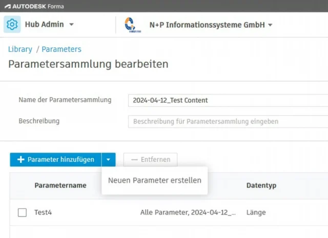 Bearbeitungsansicht einer Parametersammlung mit Funktion zum Hinzufügen neuer Parameter