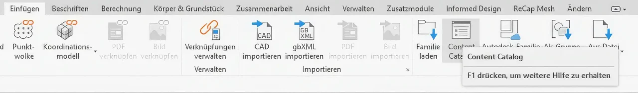 Schaltfläche Content Catalog im Menüband von Autodesk Revit