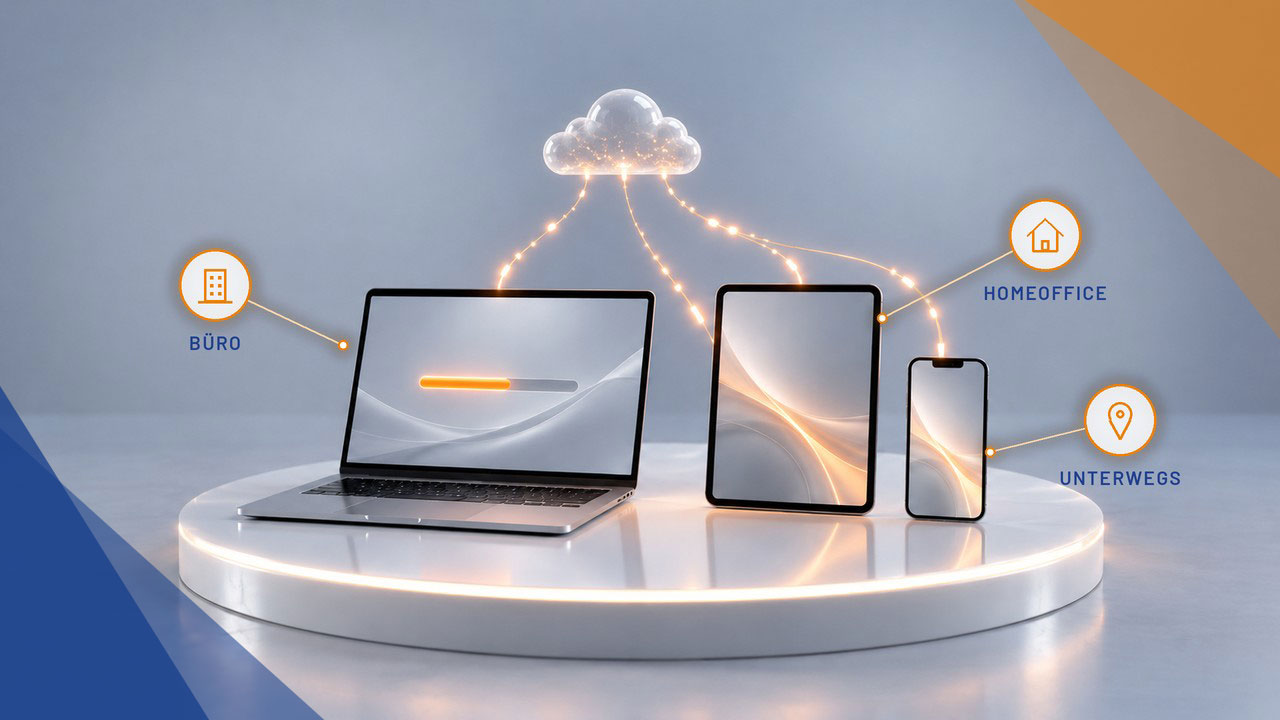 Softwareverteilung mit Microsoft Intune: Cloud verteilt Software an Laptop, Tablet und Smartphone im Büro und unterwegs