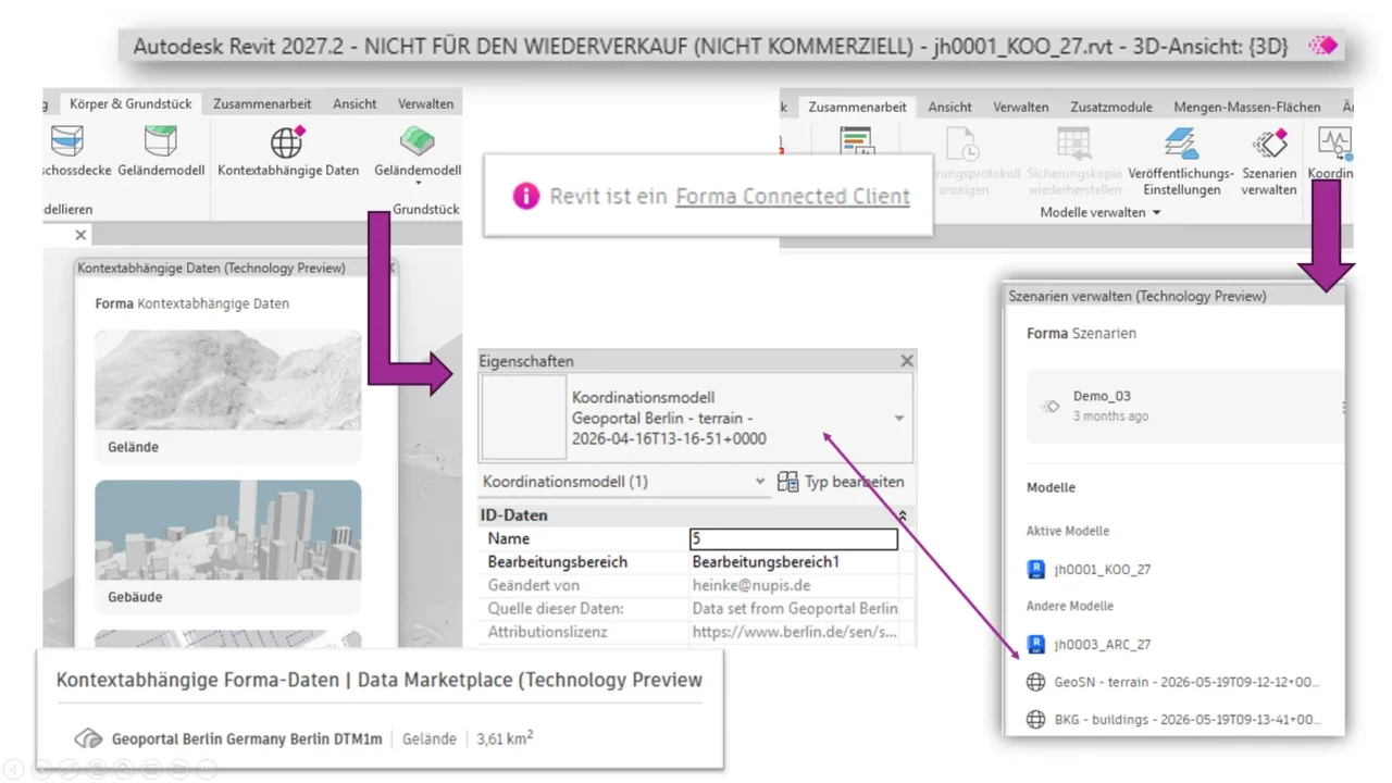 Revit-Oberfläche mit Forma-Szenario, kontextabhängigen Daten und Data Marketplace