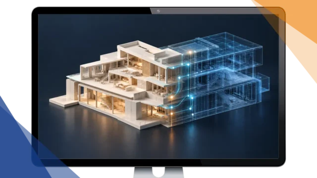 Architektonisches Schnittmodell, das in ein digitales Gebäudedrahtmodell übergeht und die Verbindung von Revit und Forma symbolisiert.