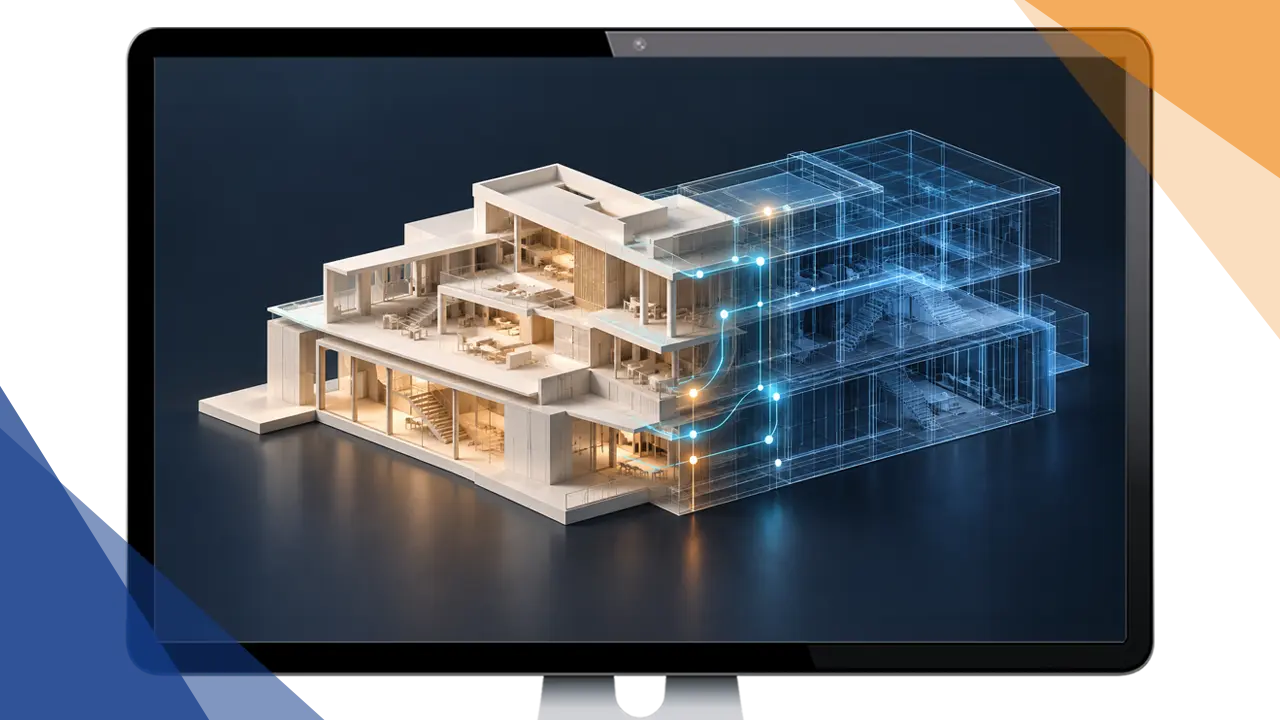 Architektonisches Schnittmodell, das in ein digitales Gebäudedrahtmodell übergeht und die Verbindung von Revit und Forma symbolisiert.