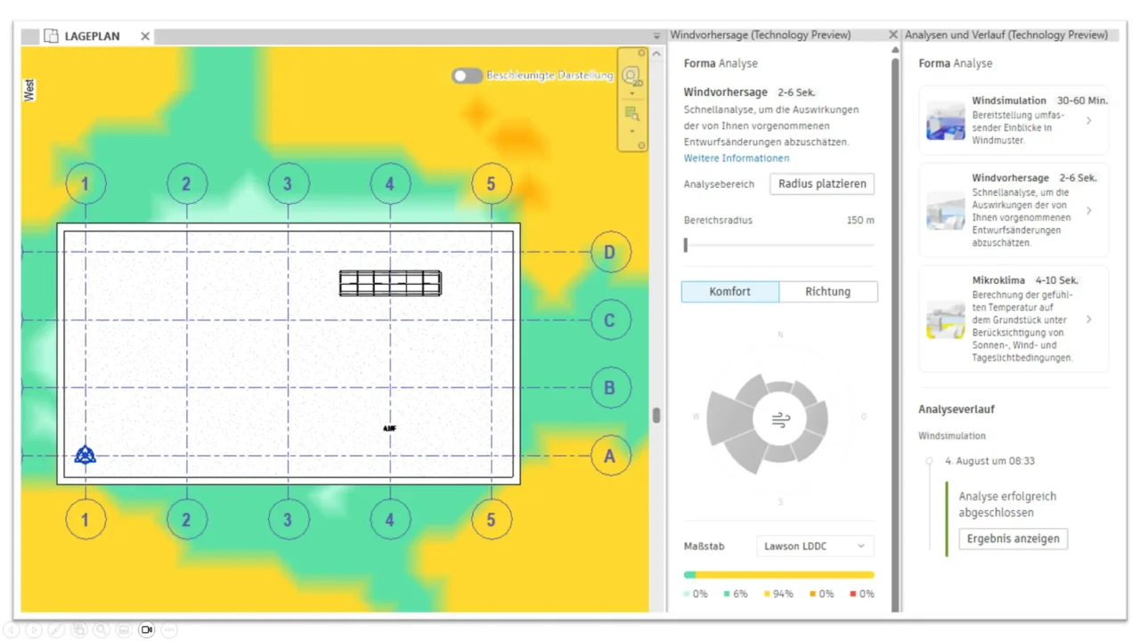 Revit-Ansicht mit Windvorhersage, Komfortdarstellung und Forma-Analyseverlauf